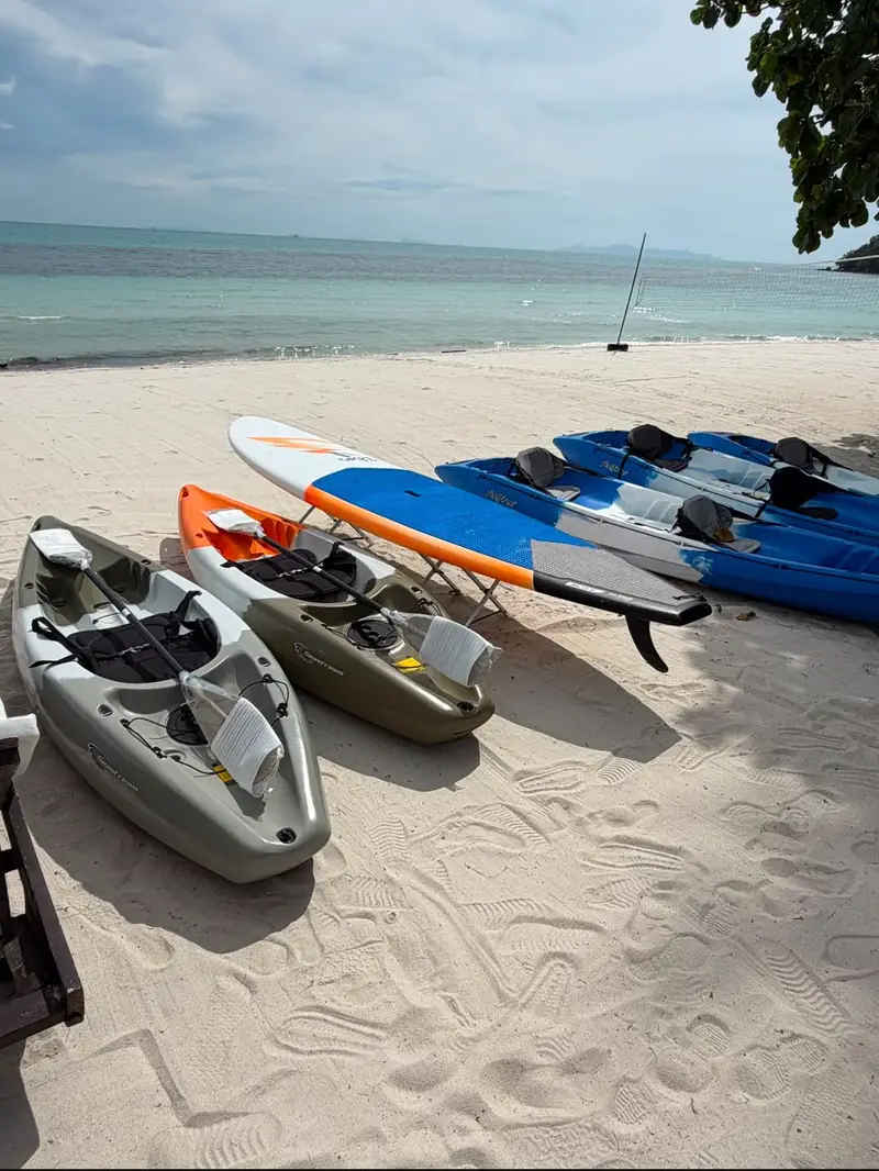 Two kayaks and stand-up paddleboards lined up on the sand with the sea behind.