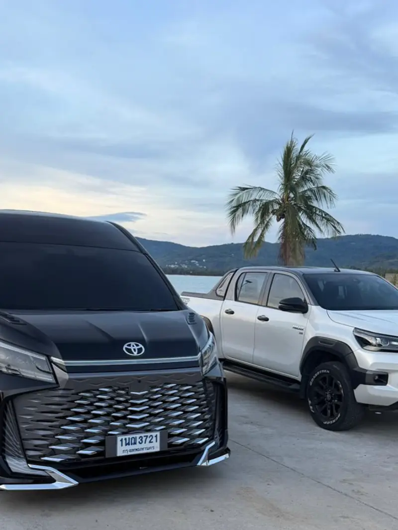 The villa’s white self-drive vehicle and black VIP van parked side by side under a palm.