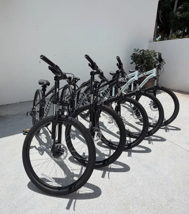 Five mountain bikes lined up against a white wall at Mandarin Beach Villa.