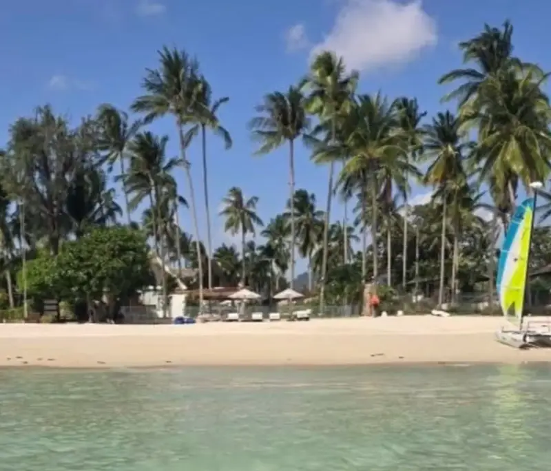The shallow water off Mandarin Beach Villa’s beach, looking back at the sand, the Hobie Cat and the palms.