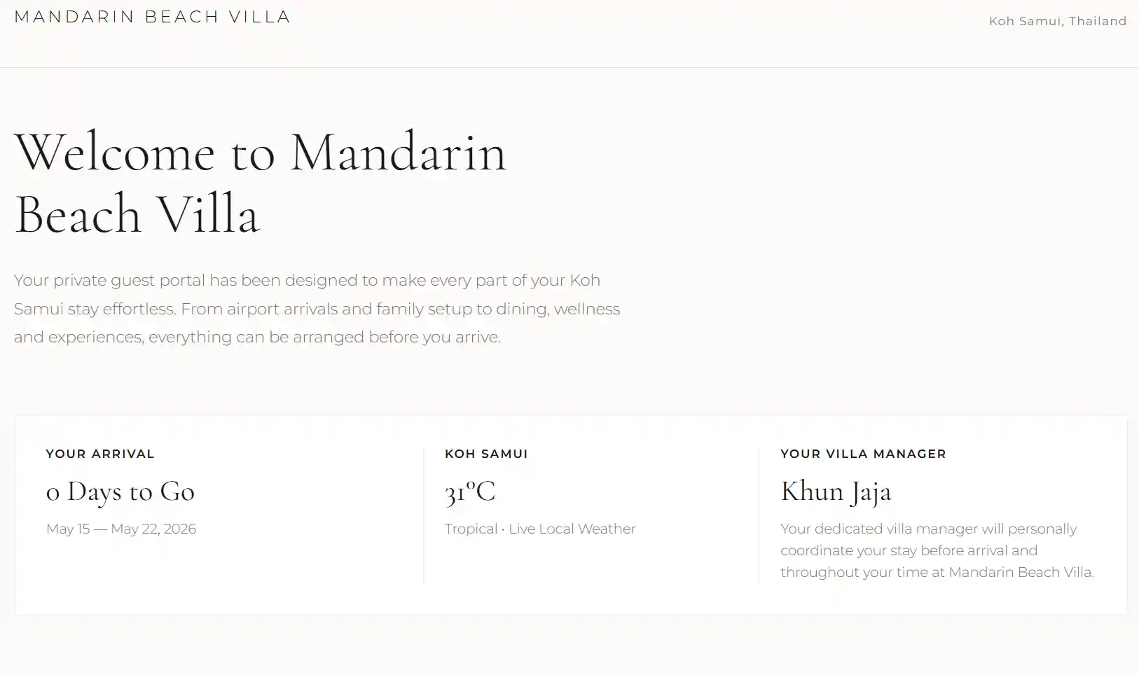 Mandarin Beach Villa secure guest portal, used to prepare each family stay before arrival