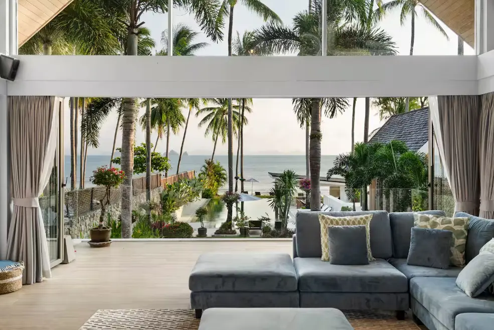 Spacious beachfront family living room with panoramic sea views at Mandarin Beach Villa Koh Samui.
