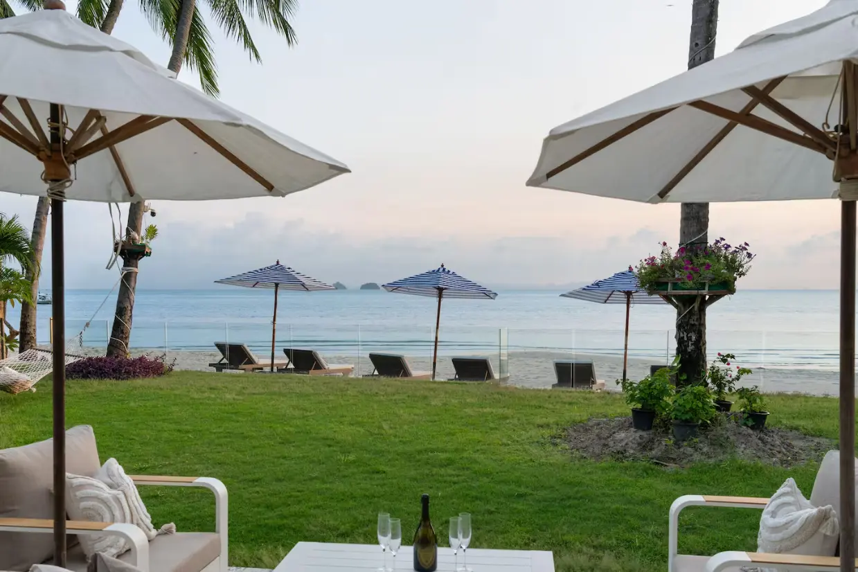 Private beachfront sala for family relaxation beside the sea at Mandarin Beach Villa Koh Samui.