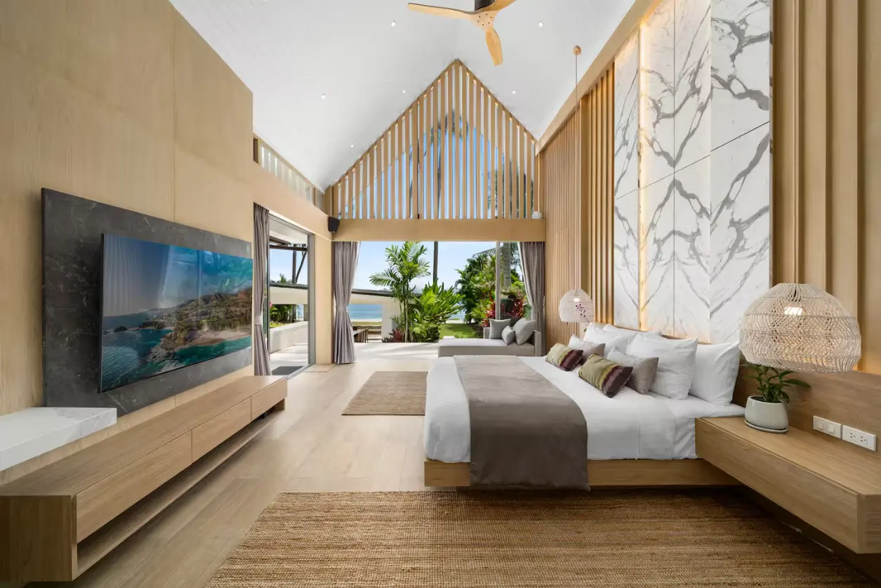 Elegant beachfront master bedroom designed for parents and grandparents at Mandarin Beach Villa Koh Samui.