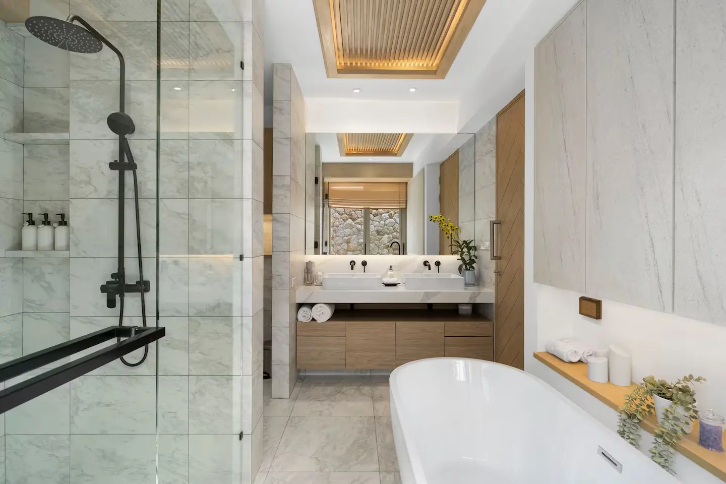 Spacious family ensuite bathroom with luxury finishes at Mandarin Beach Villa Koh Samui.