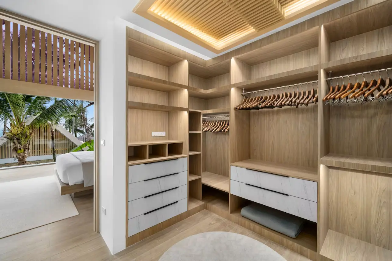 Spacious luxury walk-in wardrobe ideal for extended family holidays at Mandarin Beach Villa Koh Samui.