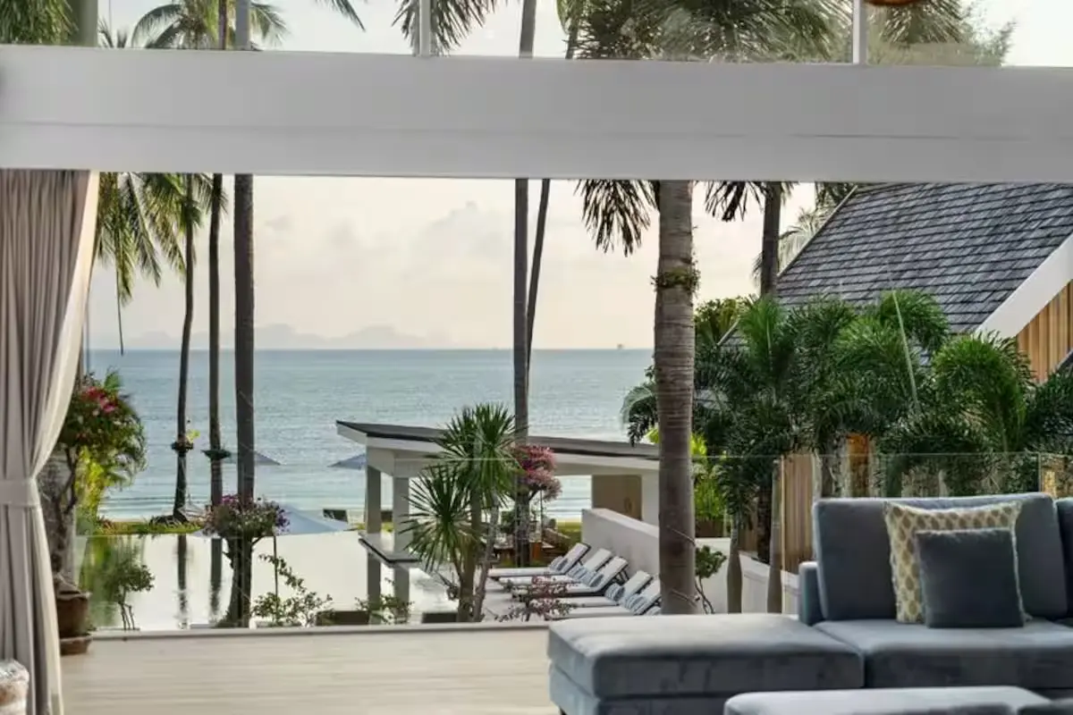 Spacious luxury family living room with panoramic sea views at Mandarin Beach Villa Koh Samui.